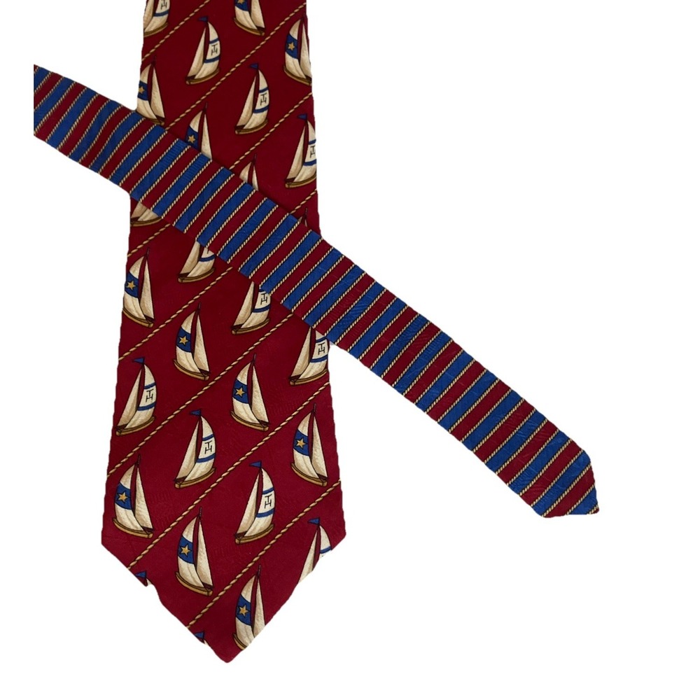 Vintage Tommy Hilfiger Necktie Mens Red Sailboat Tie 90s Silk USA Yacht Boat